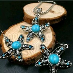 Silver and turquoise Seastar Necklace Set